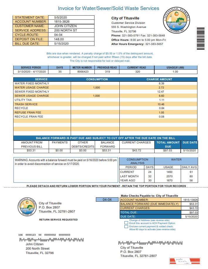 USA City of Titusville Florida utility bill template in Word and PDF format (.doc and .pdf)